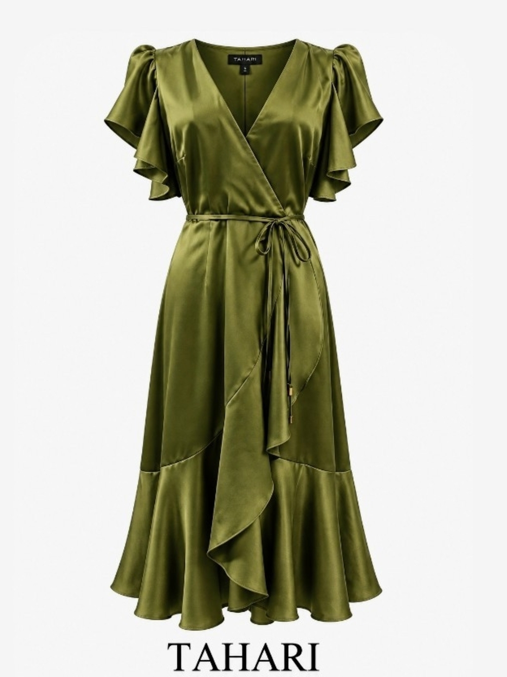 Special Occasion Wedding Guest Tahari Olive Green Satin Ruffle Cocktail Wrap